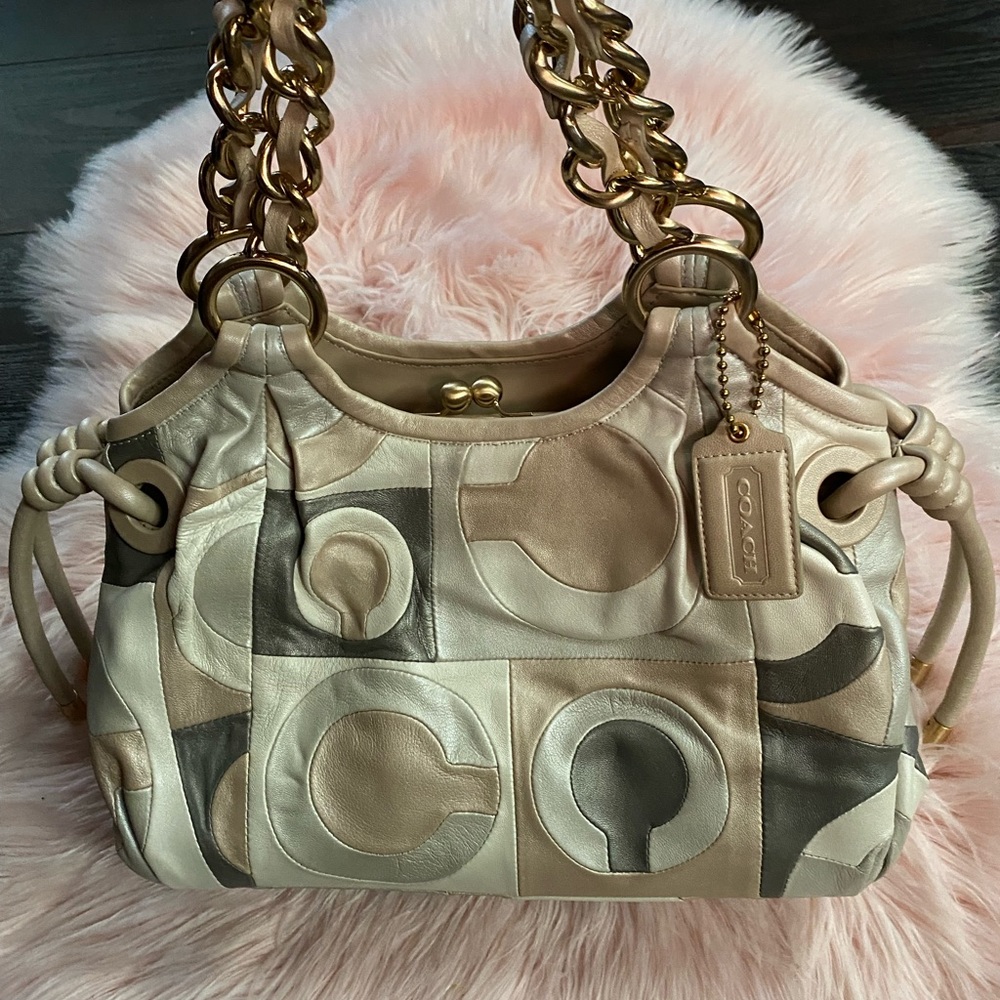 RARE! Coach Pastel Pink Grey Patchwork Satchel Handbag Rose Gold Summer $648